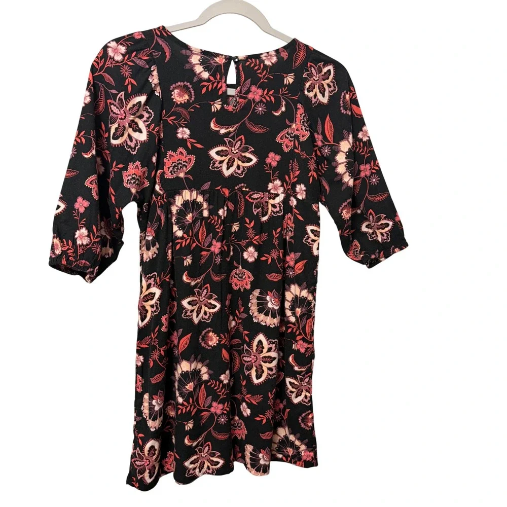 Old Navy Girls Large Floral Babydoll Dress‎ Black Pink 3/4 Sleeve Cotton Mix